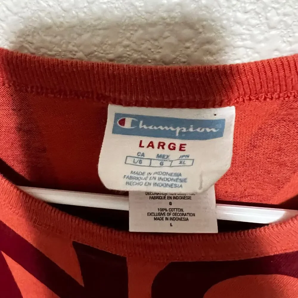 Champion Heritage red orange all over script crewneck short sleeve tee shirt L - Picture 4 of 6